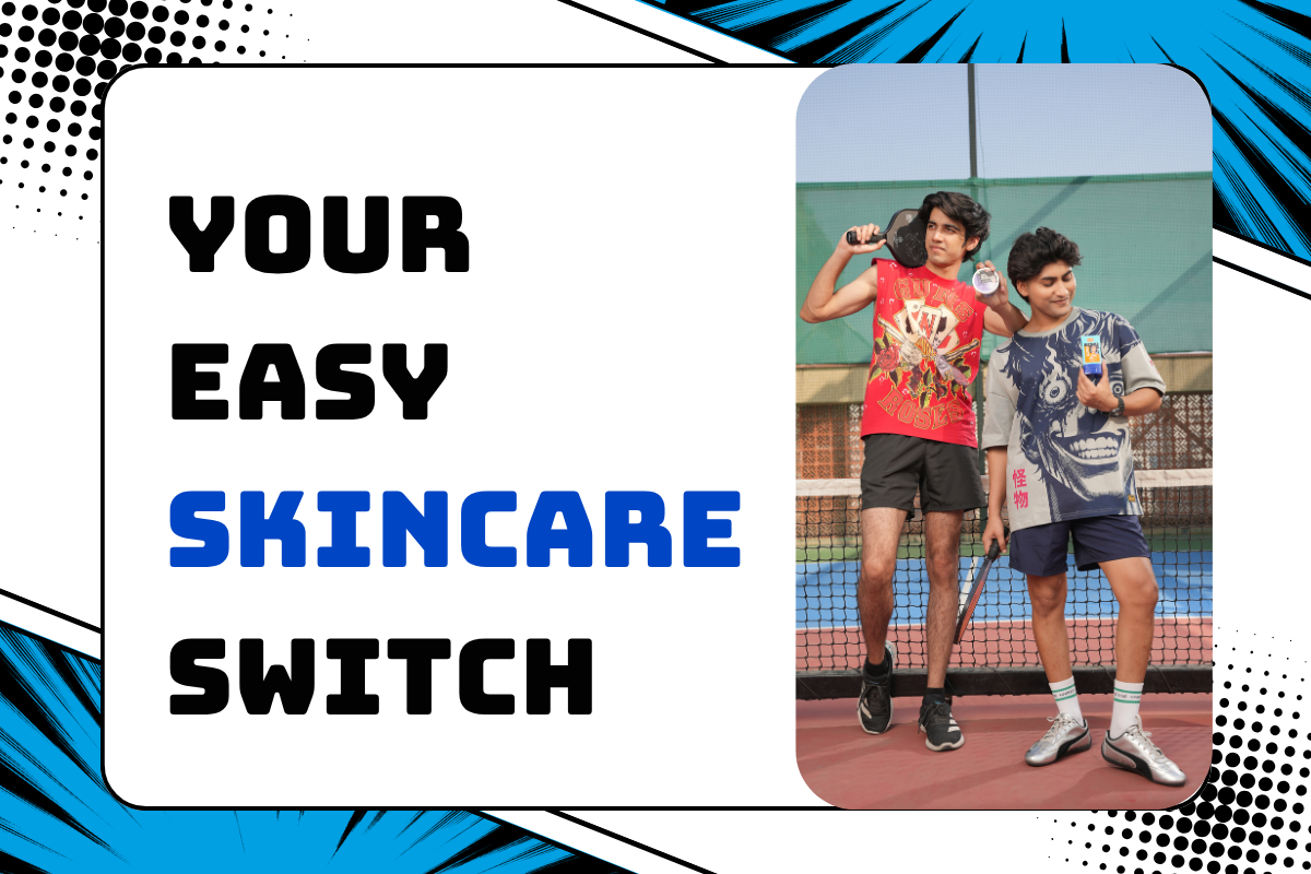 Two teenage boys using Elemen skincare products while playing pickleball.