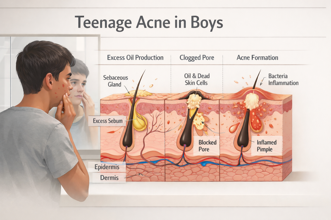 Teenage boys acne science diagram showing sebaceous glands and oil production during puberty