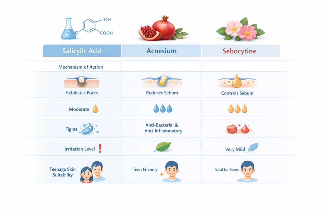 comparison of salicylic acid acnesium and sebocytine for acne in teenage boys showing oil control and acne pathways
