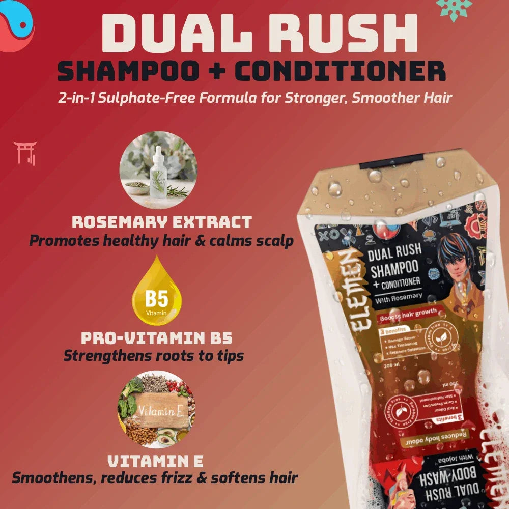 Elemen Dual Rush 3-in-1 (500ml) with Jojoba & Rosemary, Sulphate-free formula for stronger, smoother hair