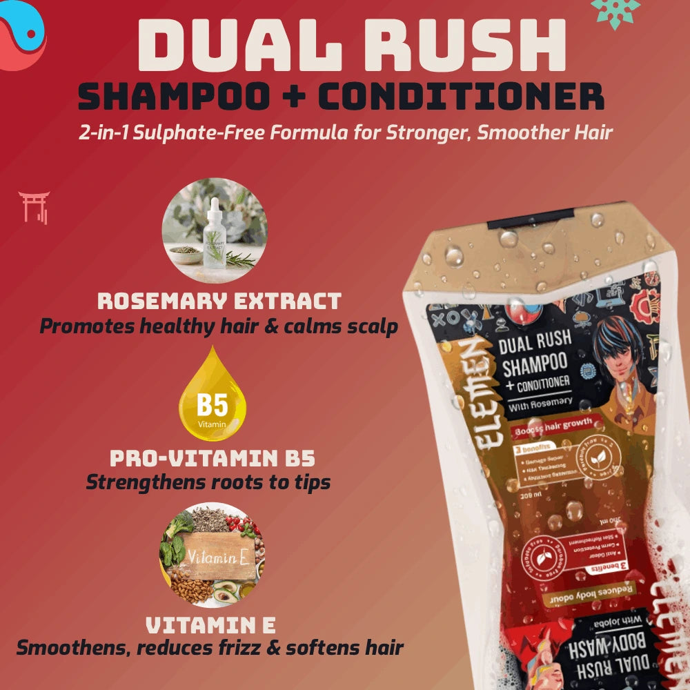 Dual Rush – Body Wash + Shampoo & Conditioner (500ml) with Jojoba and Rosemary