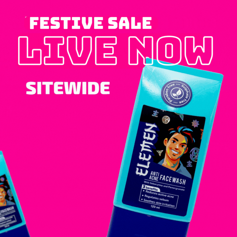 Festive sale offers live on Elemen.com, with Anti acne facewash for teen boys on pink background