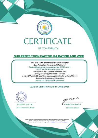 Certificate of Conformity - Sun Protection Factor, PA Rating WRR