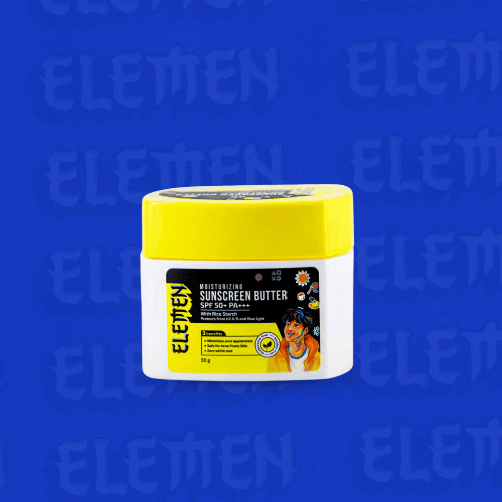 Elemen Moisturizing Sunscreen Butter SPF 50+ PA+++ jar for boys on a blue background
