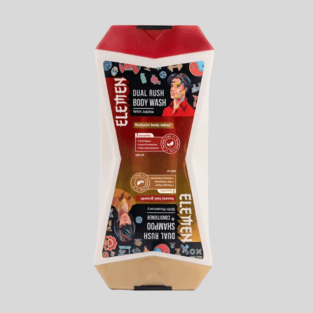 Elemen Dual Rush 3-in-1 (500ml) with Jojoba & Rosemary – Sulphate-free formula that fights body odour, strengthens hair for boys and men