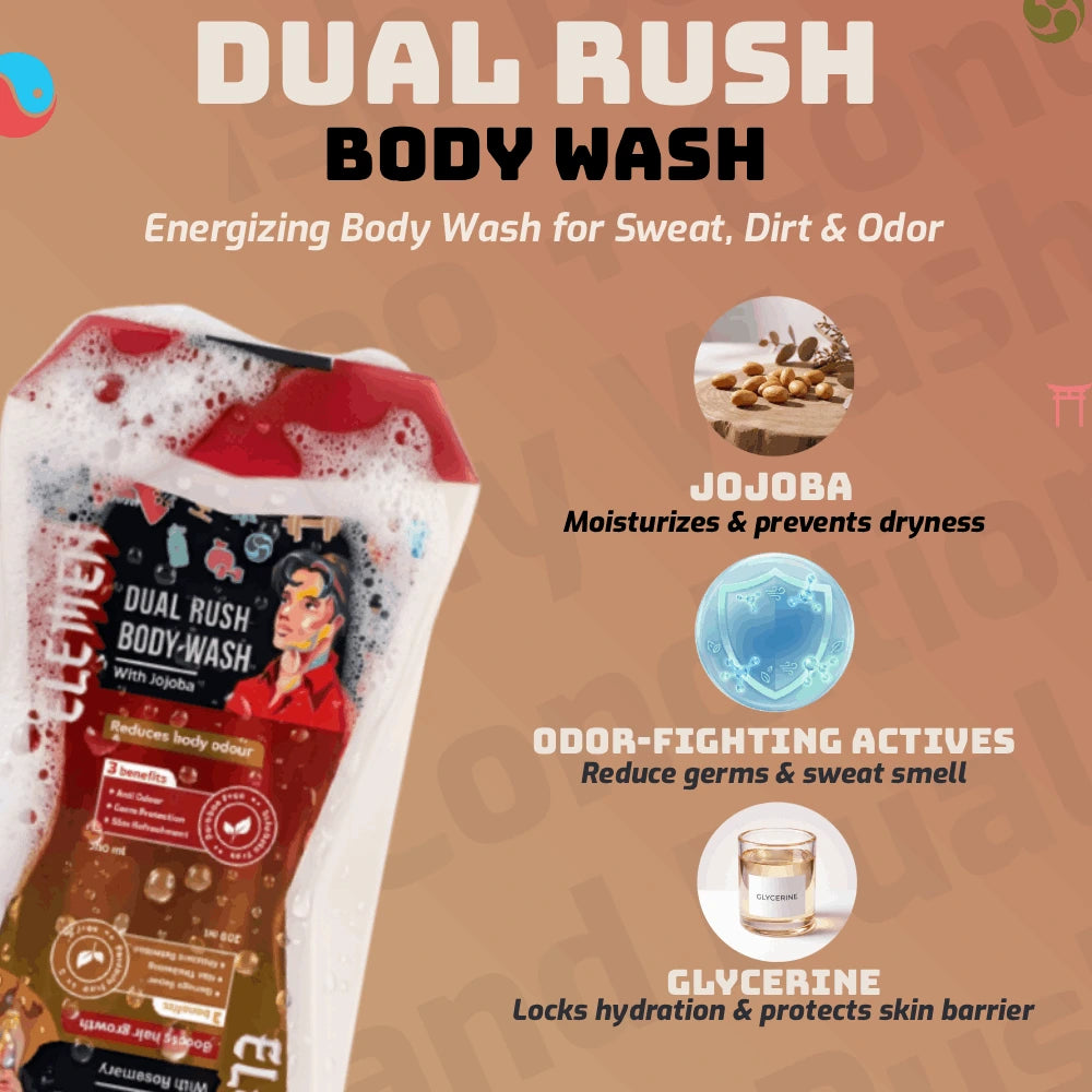 Dual Rush – Body Wash + Shampoo & Conditioner (500ml) with Jojoba and Rosemary